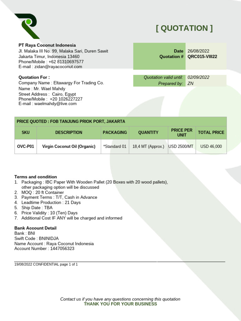 Quotation (Virgin Coconut Oil) - FOB - MR Wael Mahdy | PDF