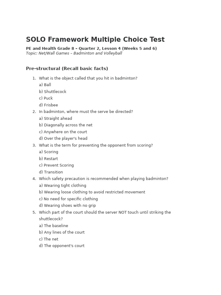 Q2 - PEH 8 - WEEK 5-6 - SOLO Framework Multiple Choice Test | PDF ...