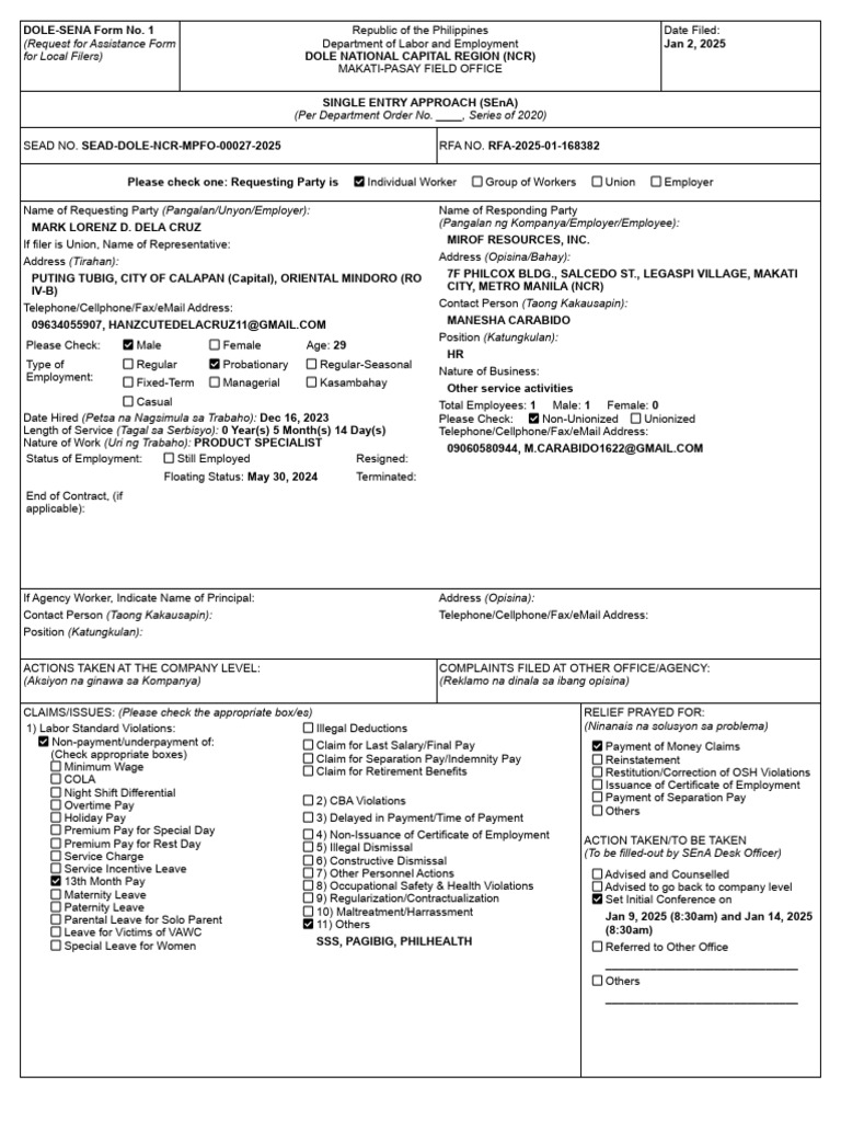 DOLE-SENA Request for Assistance Form | PDF | Workplace | Labor