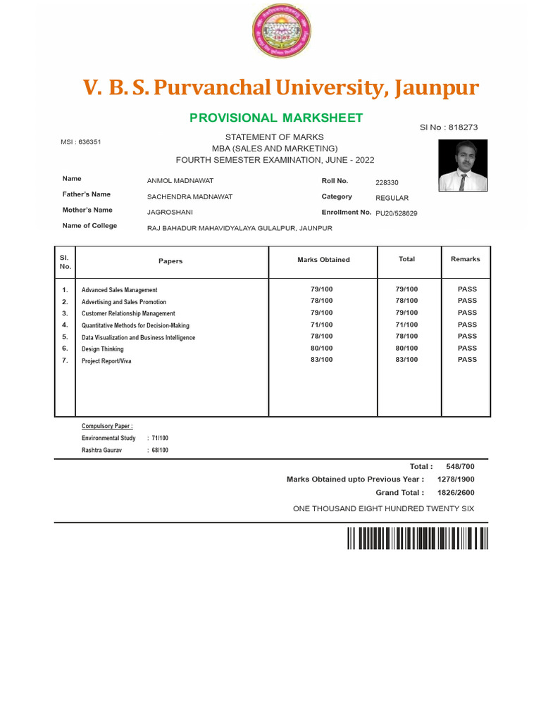 Statement of Marks SL No: 818273 Mba (Sales and Marketing) : One ...