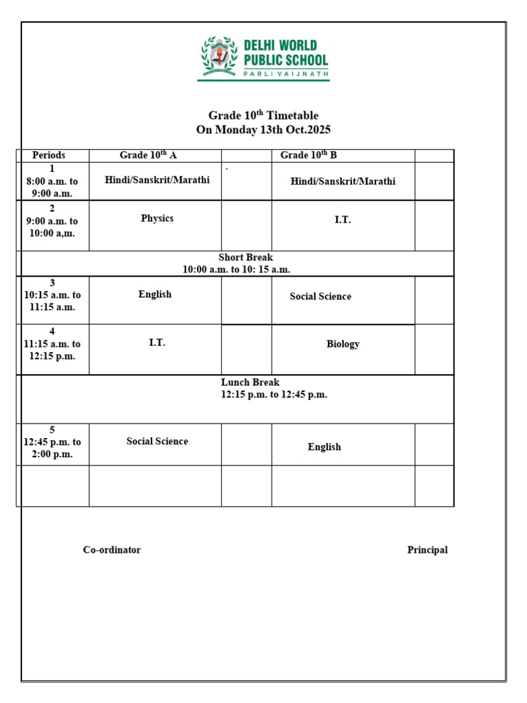 Timetable On Monday 13th Oct.2025 | PDF