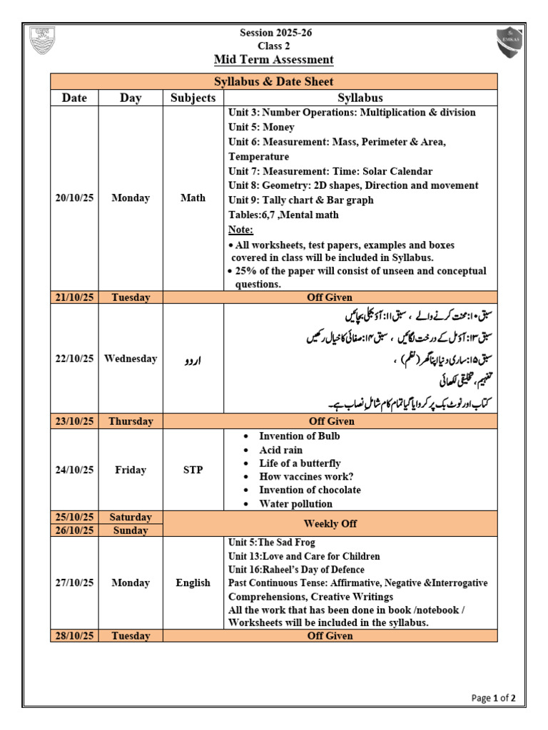 Class 2 Mid Term Assessment Syllabus | PDF