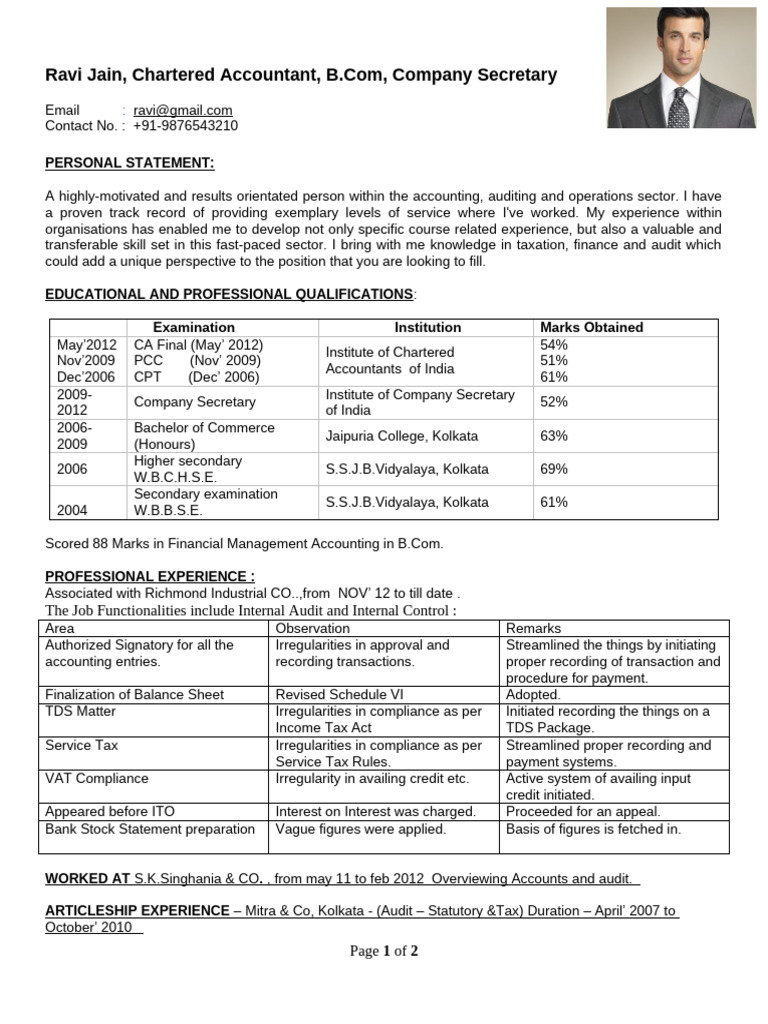 Chartered Accountant Resume of Ravi Jain | PDF | Taxes | Audit