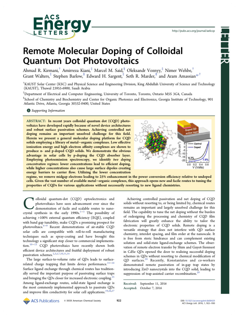 Remote Molecular Doping of Colloidal Qua | PDF | Doping (Semiconductor ...