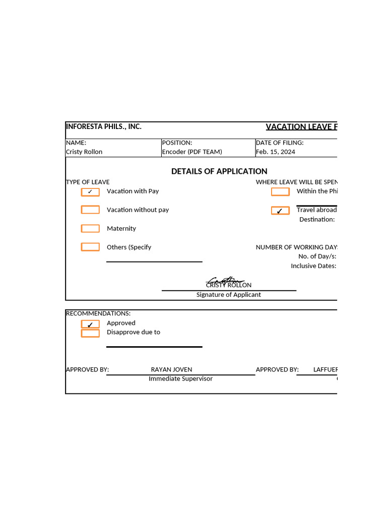Vacation Leave Application Form | PDF