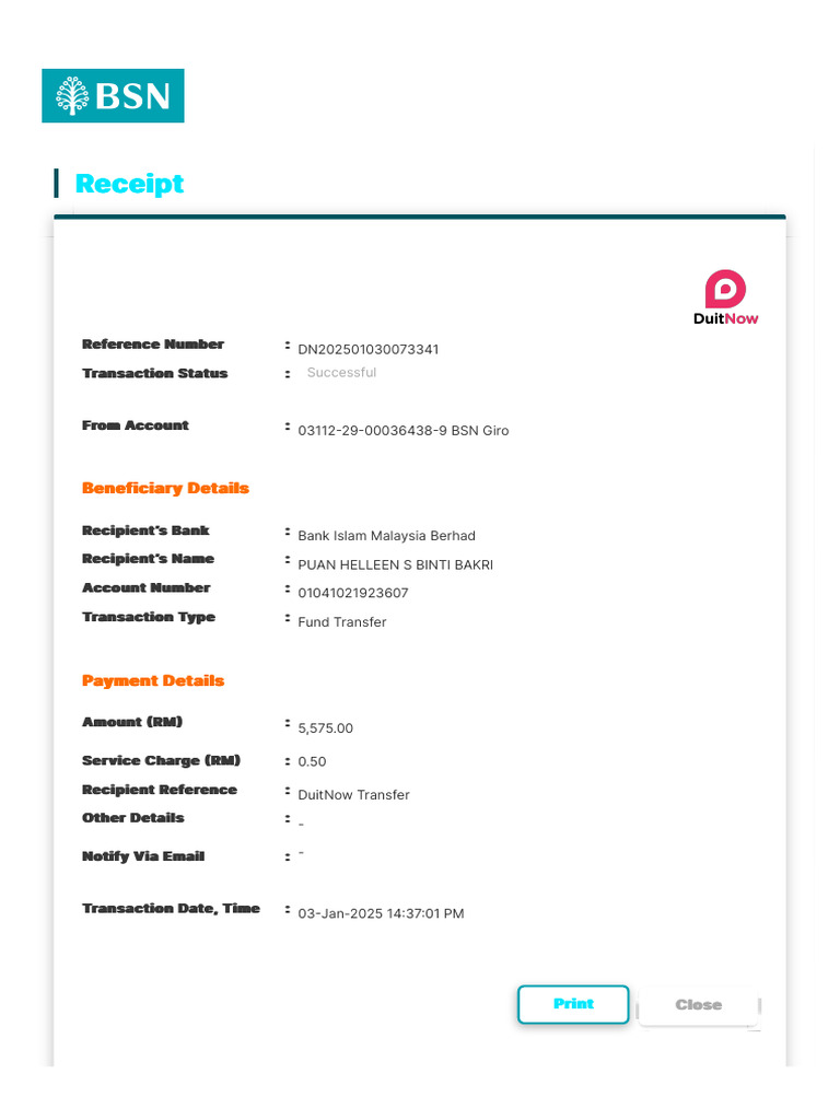 BSN Fund Transfer Receipt | PDF