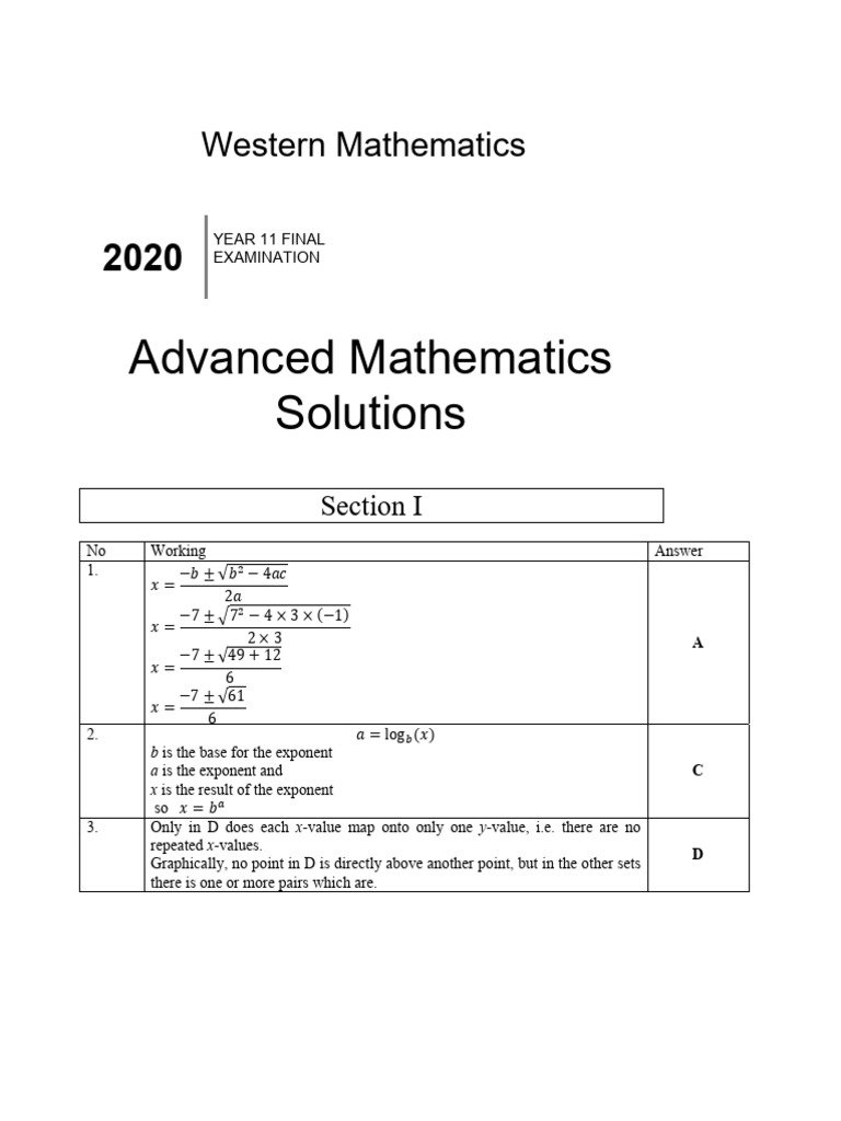 Year 11 Advanced Mathematics Exam Solutions | PDF | Logarithm | Mathematics