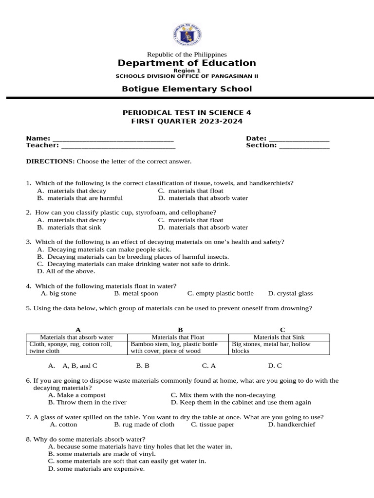 Science 4 Periodical Test - First Quarter | PDF | Mixture | Waste