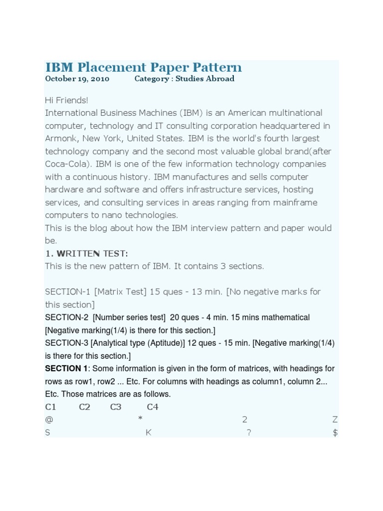 IBM Placement Paper Pattern | PDF | Scheduling (Computing) | Matrix ...