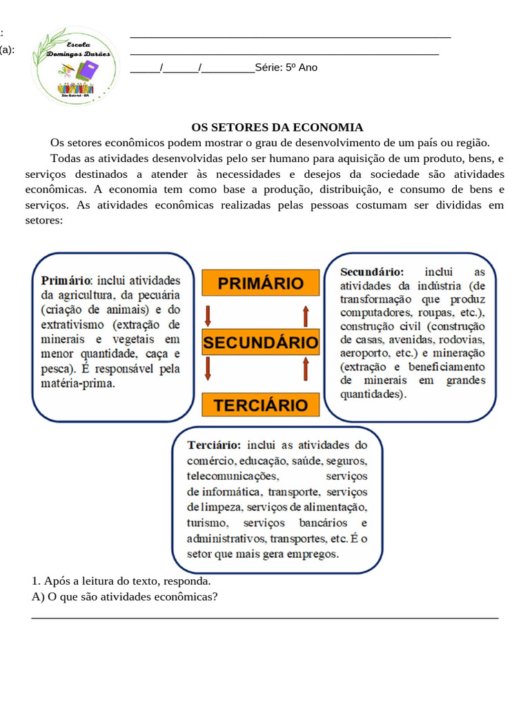 Setores da Economia e Cidadania para 5º Ano | PDF | Setor terciário da ...