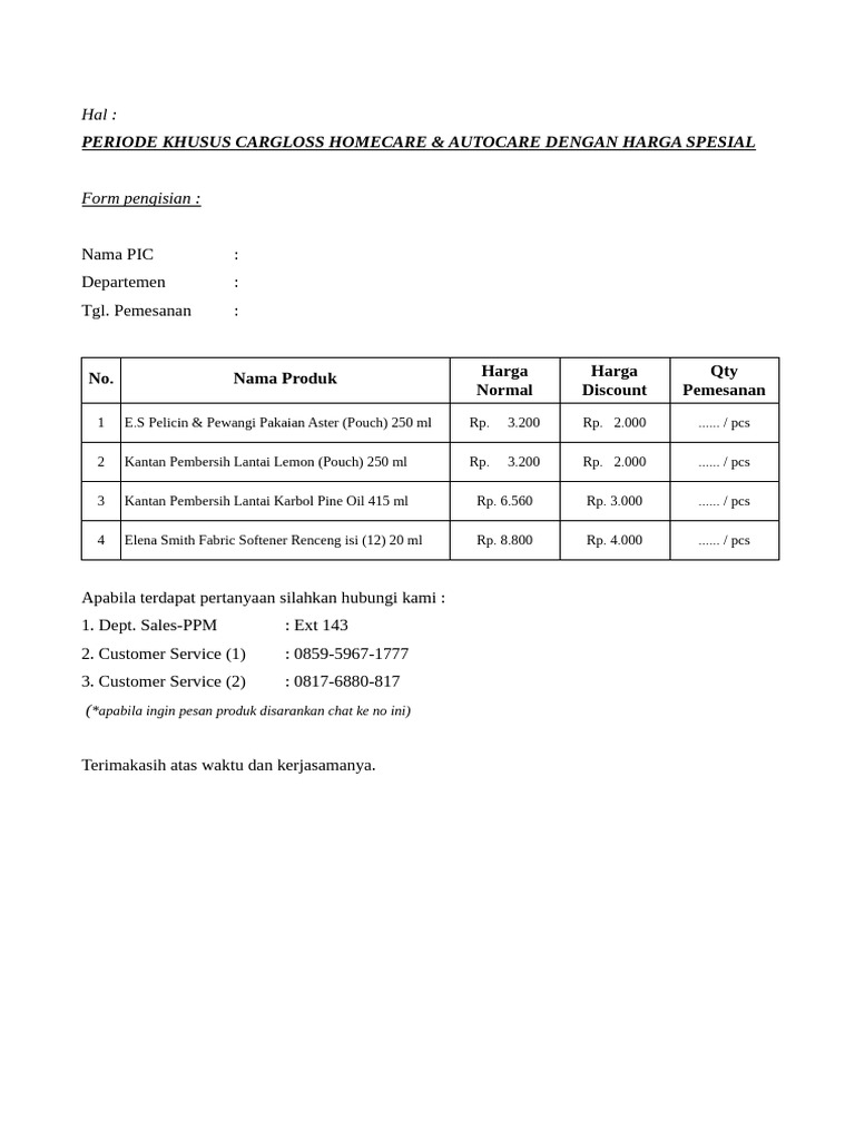 Form Order Produk Promo Chemical - OKTOBER | PDF