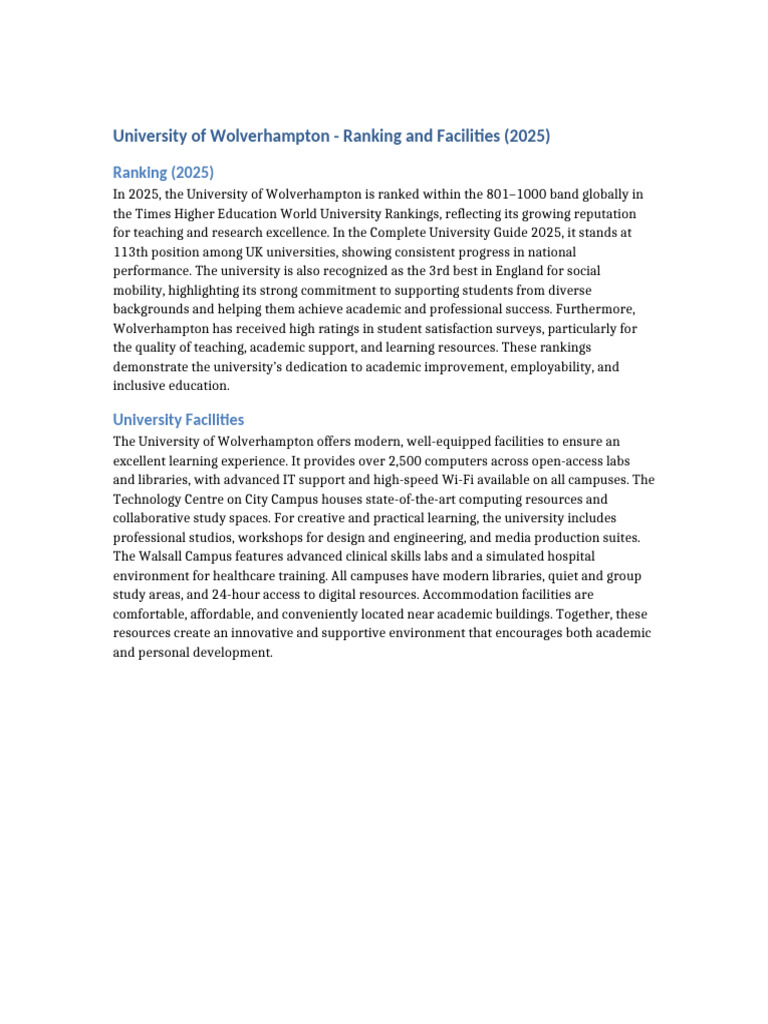 University of Wolverhampton Ranking and Facilities 2025 | PDF