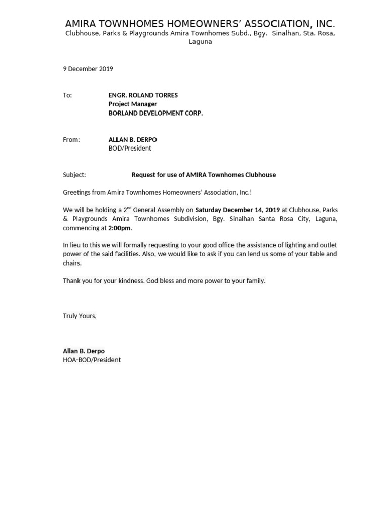 Request Letter Use of Clubhouse | PDF