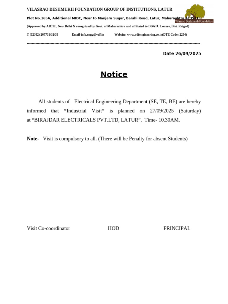 Industrial Visit Notice for EE Students | PDF