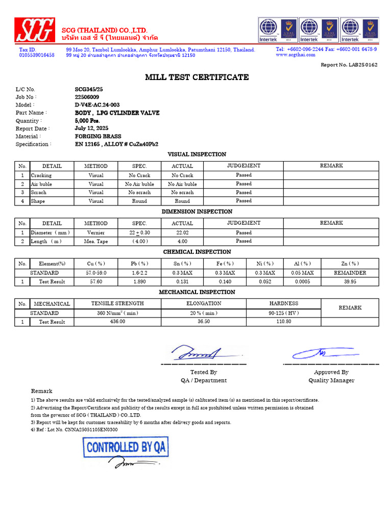 LPG Cylinder Valve Quality Report | PDF | Building Materials | Metals