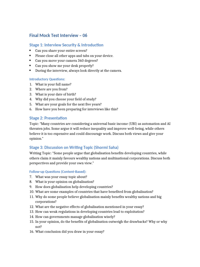 Final Mock Interview Test Guide | PDF | Globalization | Economies
