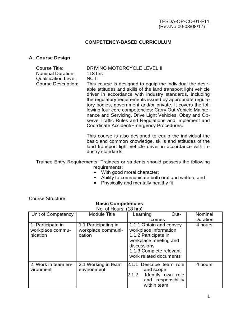 Motorcycle Driving Course NC II Guide | PDF | Occupational Safety And ...