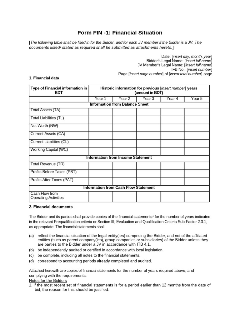 Financial Situation Form FIN-1 Guide | PDF | Working Capital ...