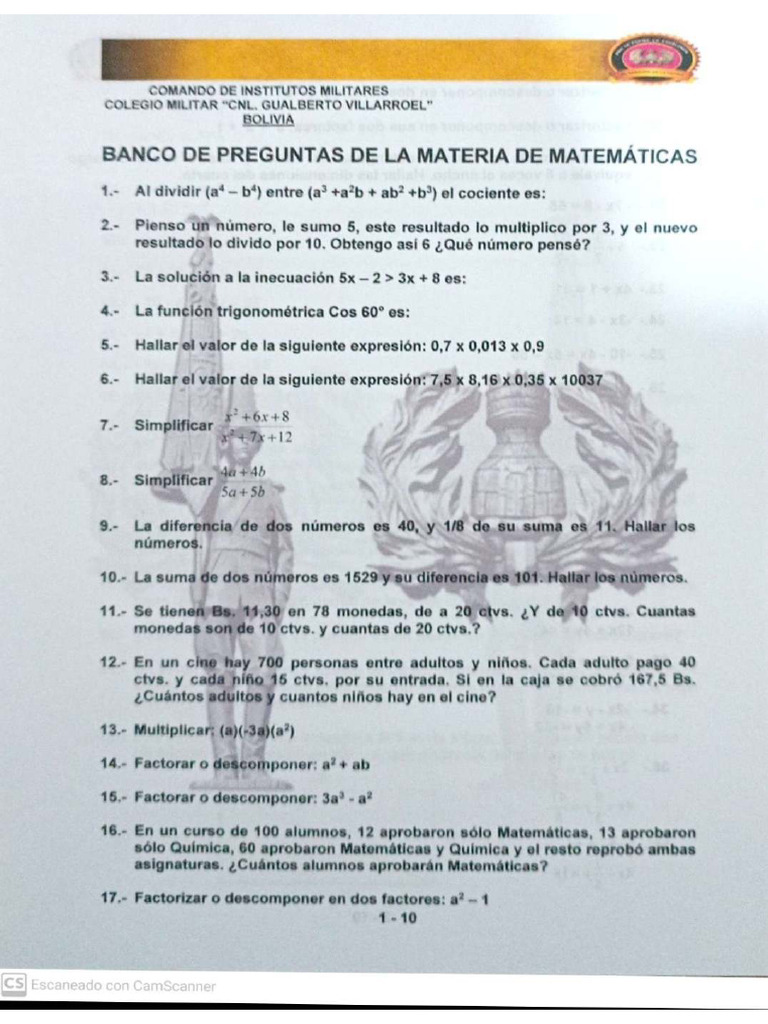 Banco de Preguntas Matemática COLIM 2026 | PDF