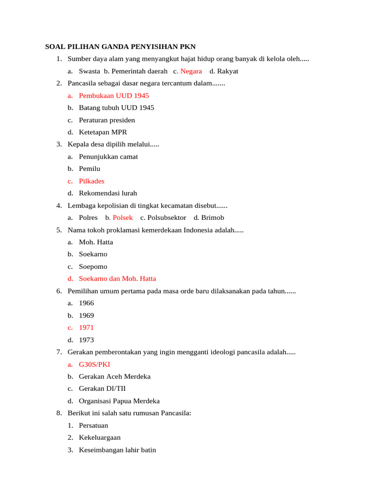 Soal Pilihan Ganda PKN untuk Ujian | PDF