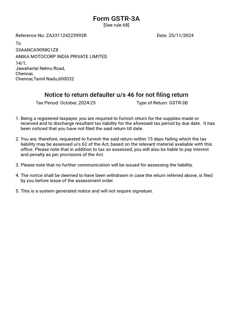 GSTR-3A Notice for Tax Return Defaulter | PDF