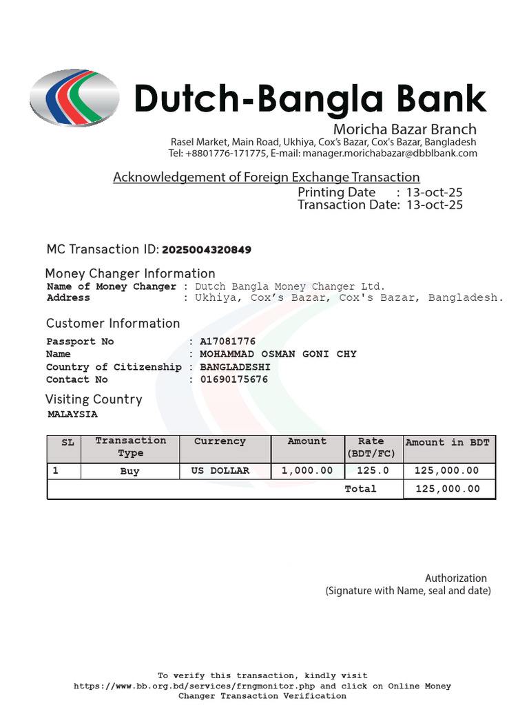 Foreign Exchange Acknowledgement Receipt | PDF