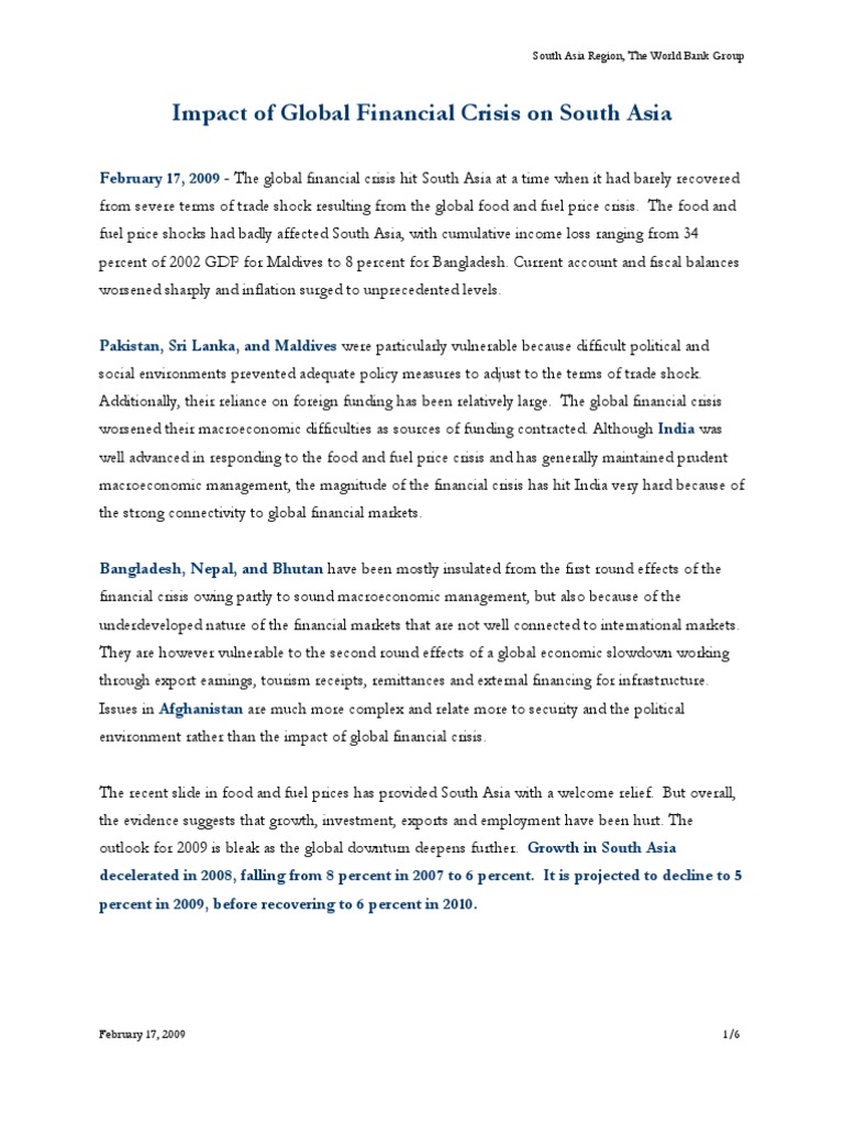 Impact of Global Financial Crisis On South Asia | PDF