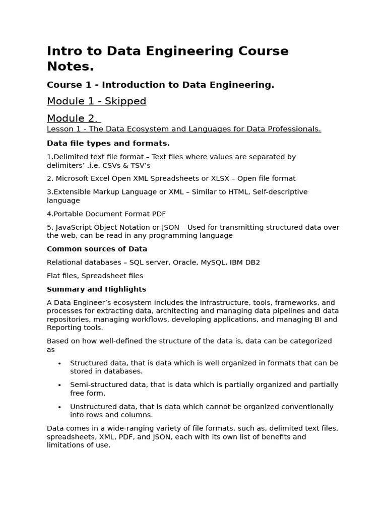 Intro To Data Engineering Course Notes | PDF | Databases | No Sql