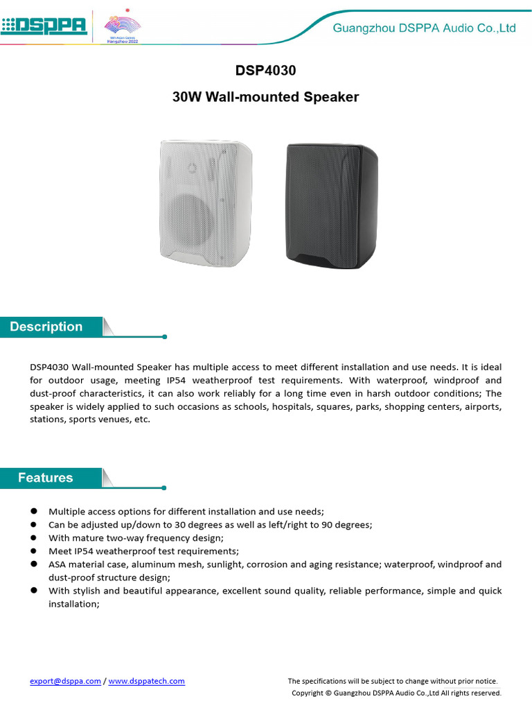 Data Sheetdsp4030wall Mounted Speaker | PDF | Transformer | Loudspeaker