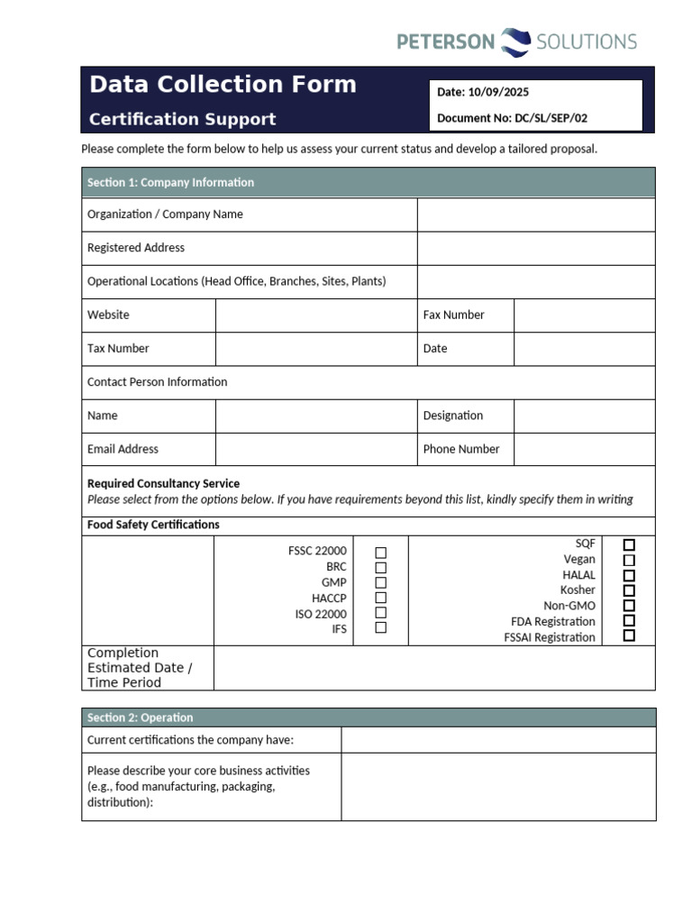 Food Safety Consultancy Assessment Form | PDF