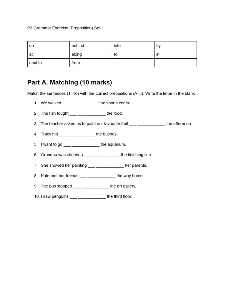 P3 Grammar Exercise (Preposition) | PDF