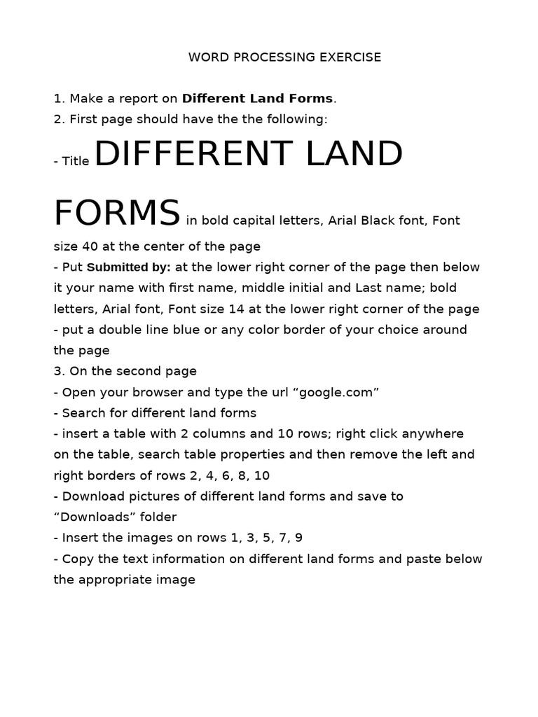 Word Processing Exercise: Land Forms Report | PDF