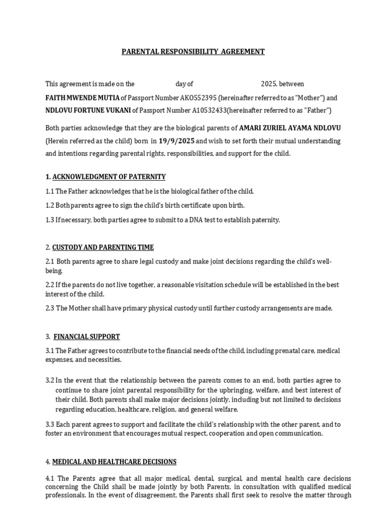 Parental Responsibility Agreement Template | PDF | Child Custody | Father