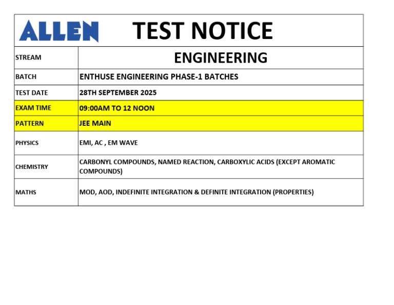 JEE Main Test Notice for Phase-1 Batches | PDF