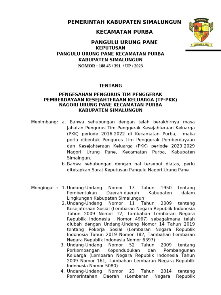 Pengesahan Pengurus TP-PKK Urung Pane | PDF