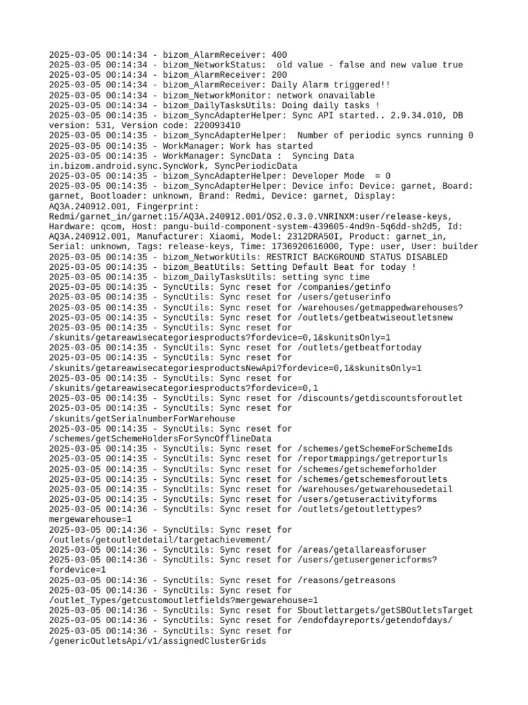 Bizom Sync and Network Status Log | PDF | Computing | Computer Science
