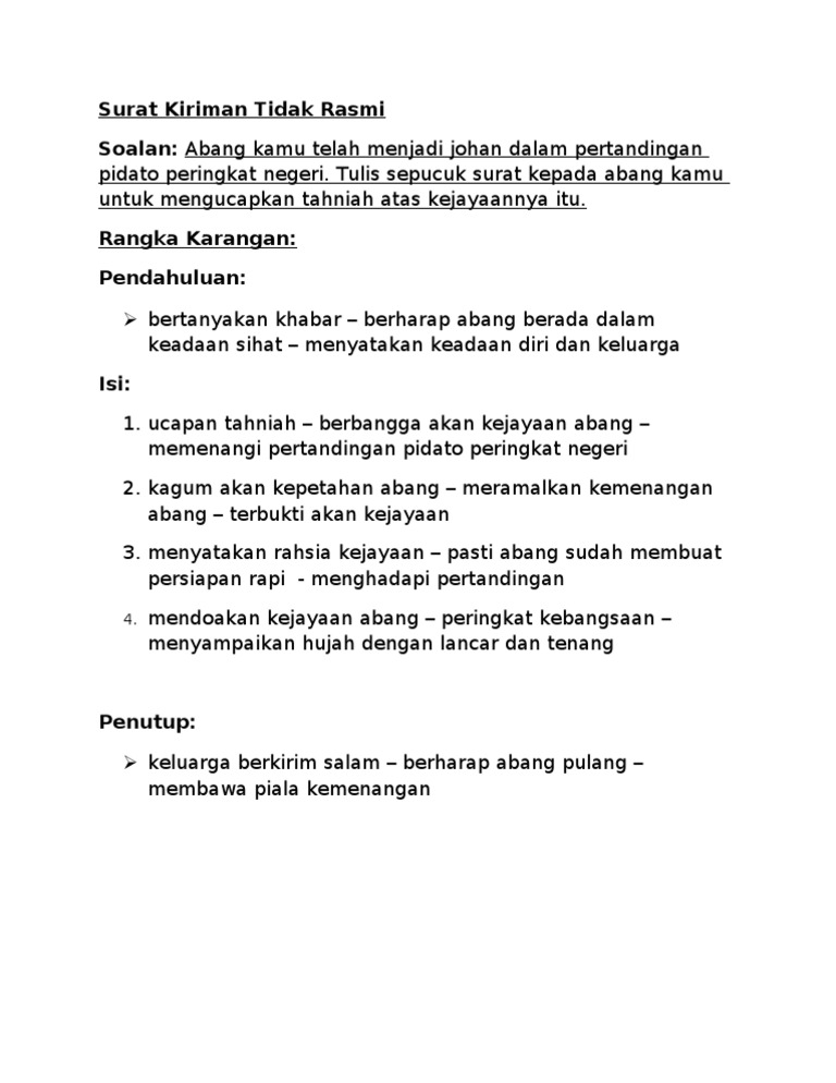 Karangan Surat Tidak Rasmi Pt 3 Mengucapkan Tahniah