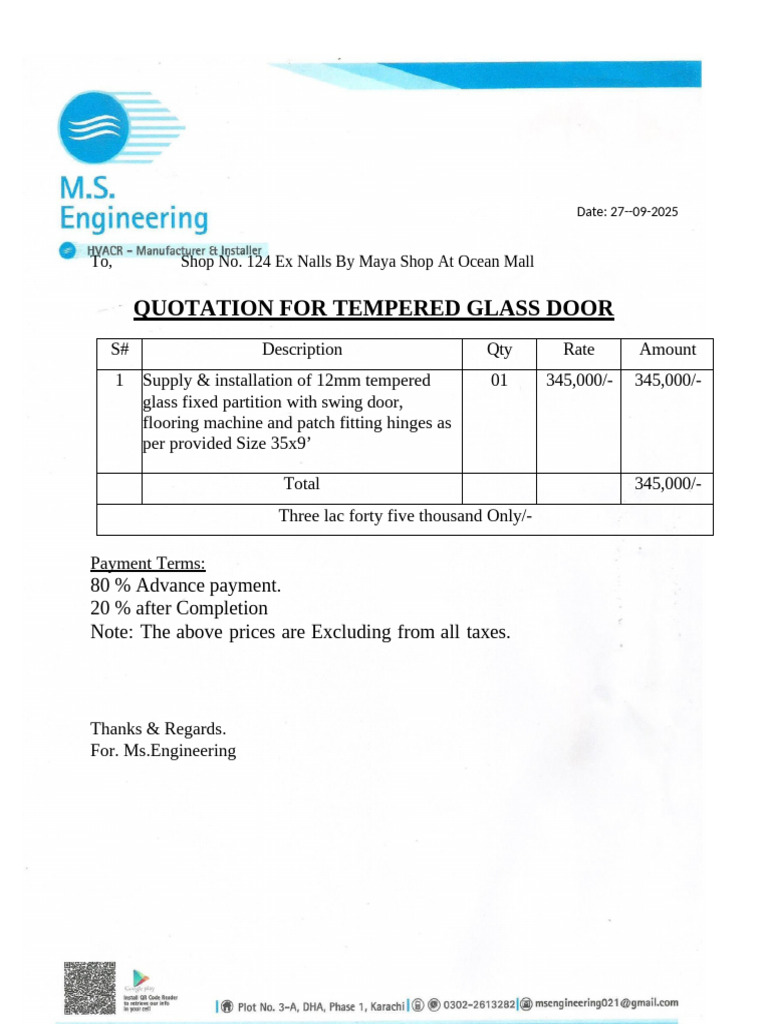 Quotation for Tempered Glass Door Installation | PDF