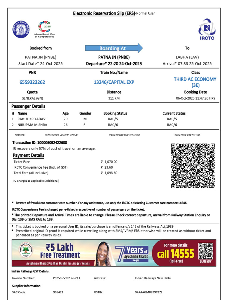 ERS for Train Booking: Patna to Labha | PDF | Identity Document | Payments