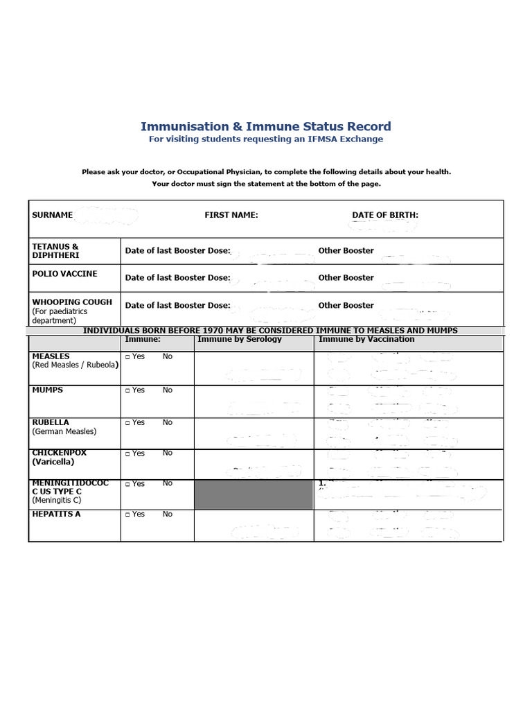 Immunisation Record for IFMSA Exchange | PDF | Mental Disorder | Measles
