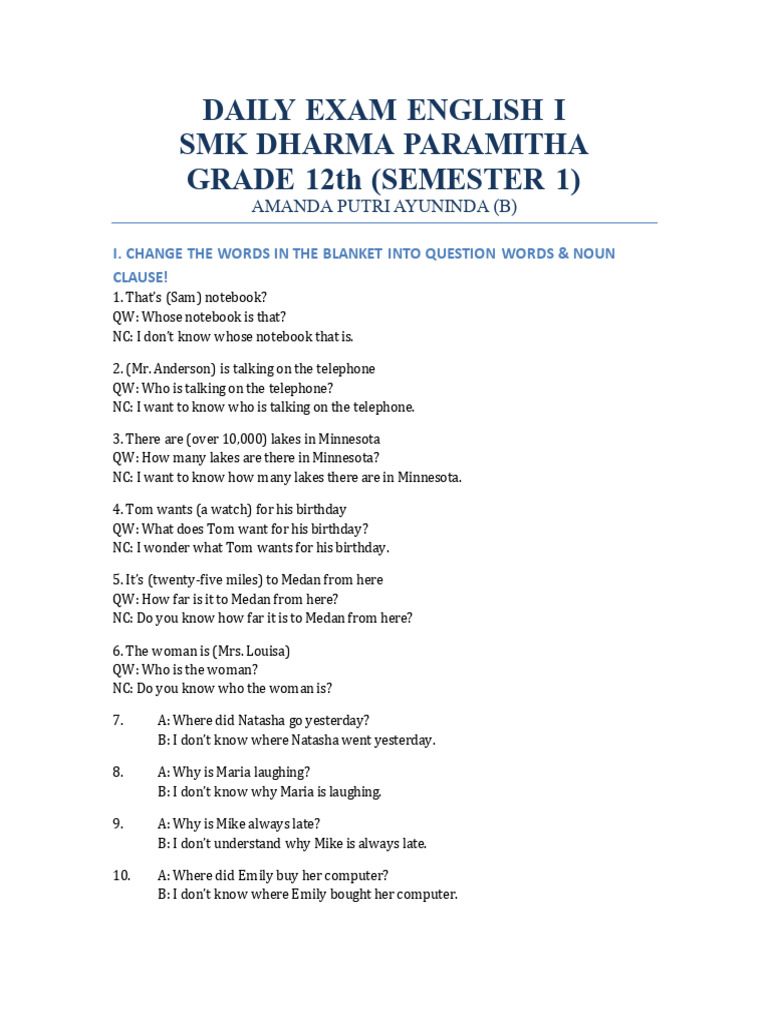 Daily Exam English 1 Amanda | PDF