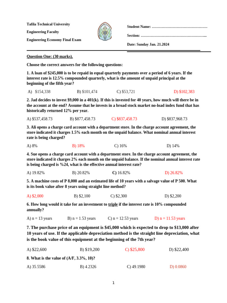 Engineering Economy Final Exam Questions | PDF | Interest | Depreciation