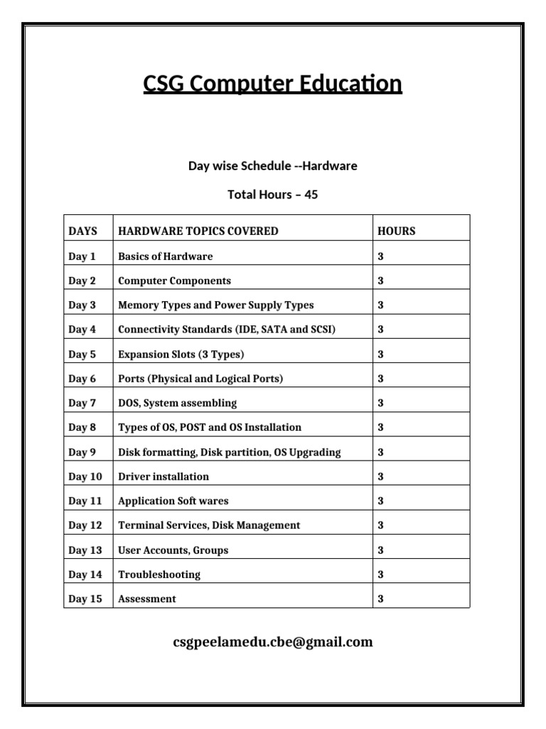 CSG Computer Education Hardware Schedule | PDF