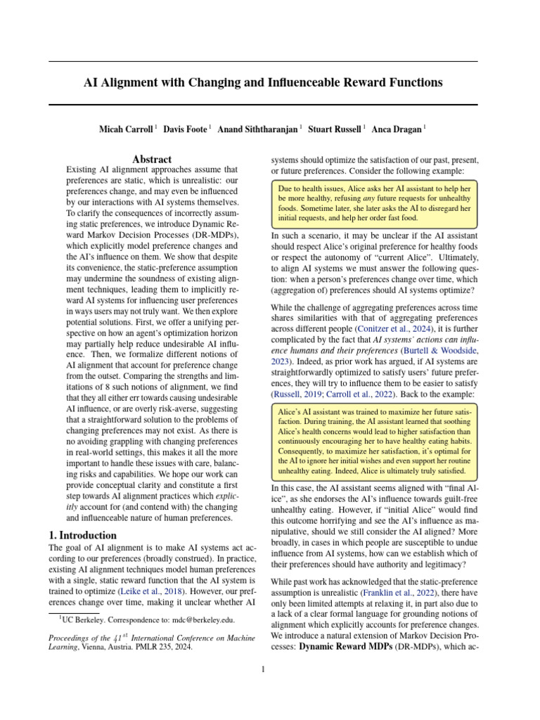 AI Alignment With Changing and Influenceable Reward Functions | PDF ...
