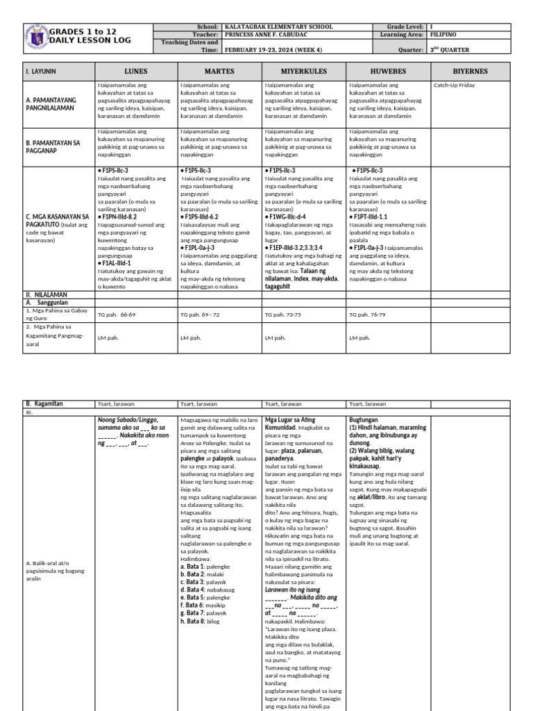 DLL Filipino 1 q3 w4 | PDF
