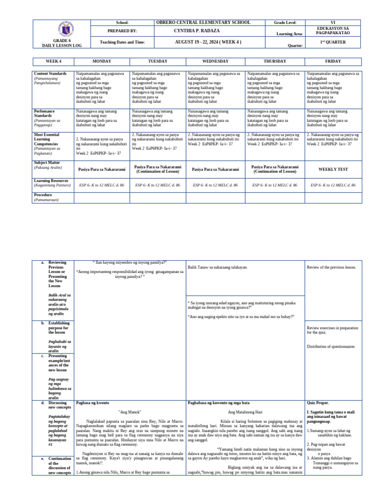 DLL - Esp6 Week 4 - Q1 | PDF