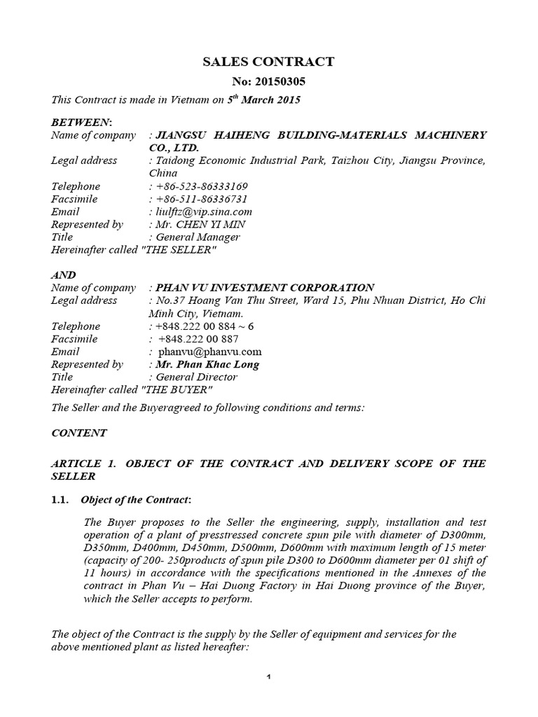 Vietnam Sales Contract for Concrete Plant | PDF | Letter Of Credit