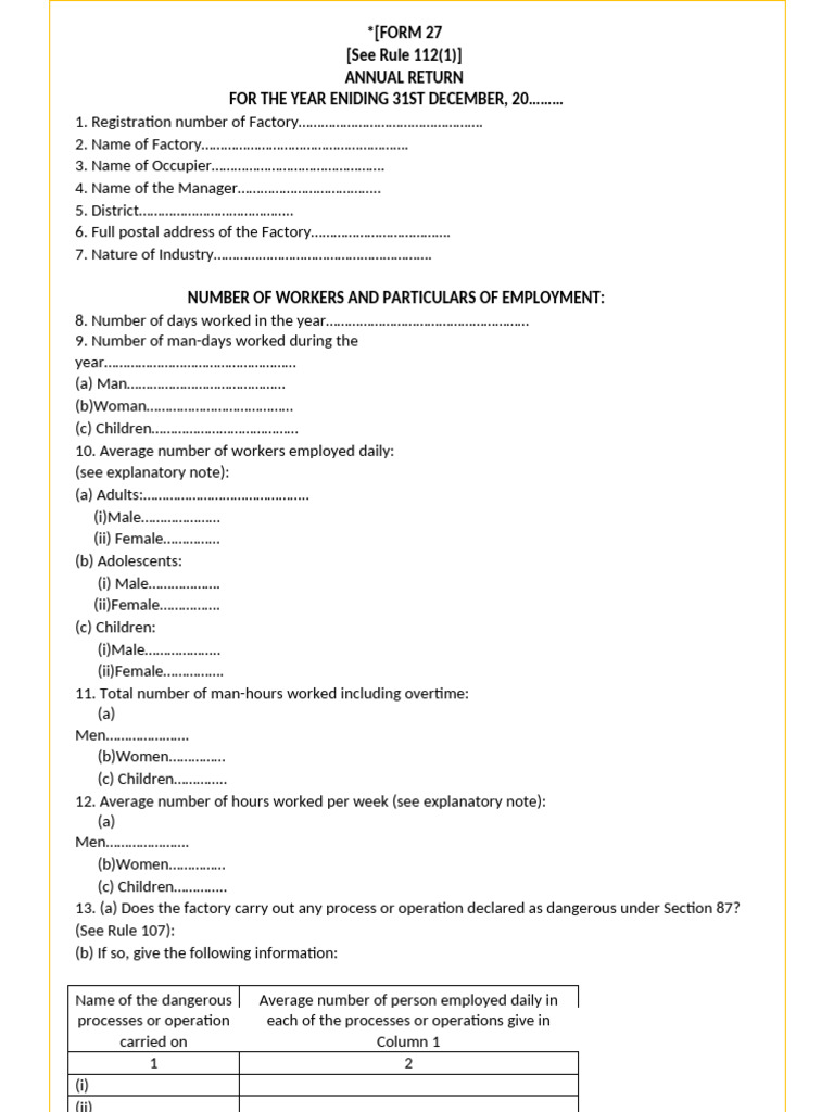 Annual Factory Return Form 27 | PDF