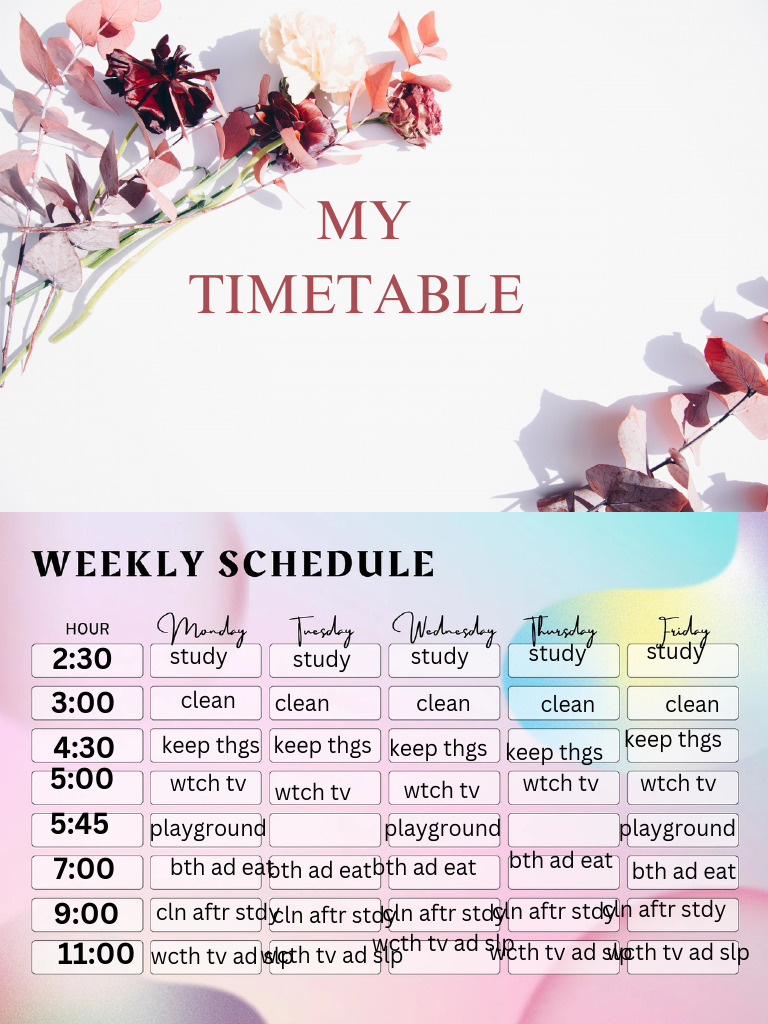 Weekly Timetable for Study and Leisure | PDF