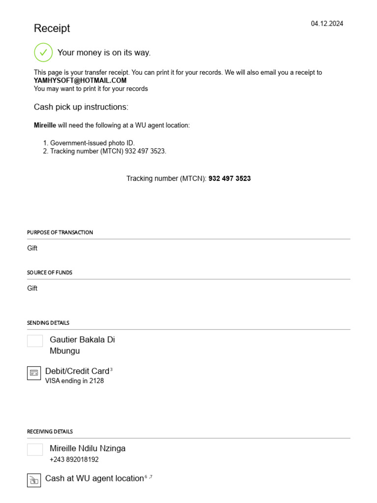 Transfer Receipt for Gift Transaction | PDF | Credit Card | Banking